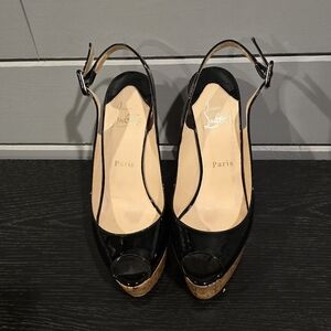 Christian Louboutin Black Patent Sling Peep Toe Platform Wedge Size 7